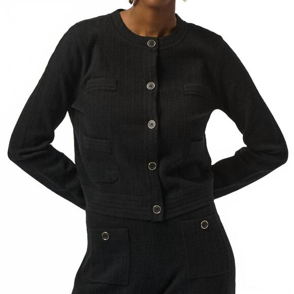 NEW JOSEPH RIBKOFF sweater knit crew neck button front jacket in black